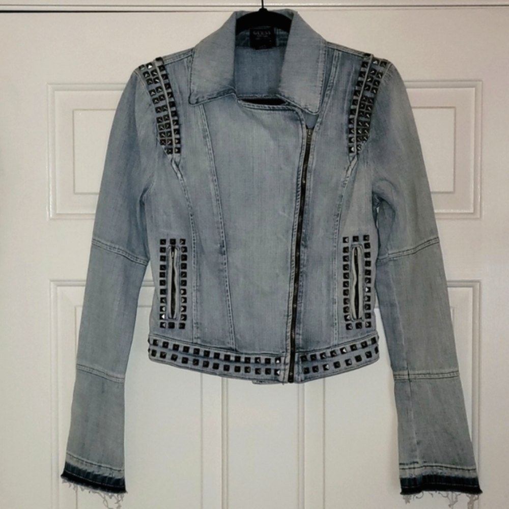 Guess Light Wash Blue Jean Studded Punk Rock Moto Biker Jacket Small